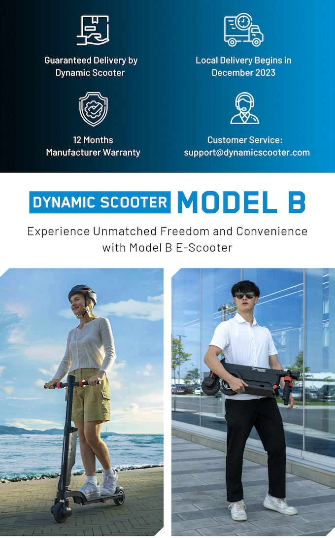 Experience unmatched freedom and convenience with a compact foldable E-scooter
Introducing our Model B E-scooter, the perfect commuting solution for your urban life! With its portable and foldable design, you can unlock your riding freedom anytime, anywhere. The latest Dynamic Scooter also 